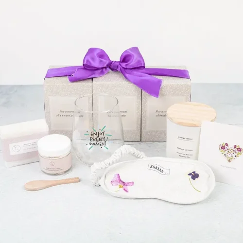 Lizush Luxury Spa Gift Basket And Self Care Gifts For Women With Wine Glass, Candle, Lavender Soap Bar, Facial Clay Mask, Eye Mask - Enjoy Every Moment - 5 Piece Set