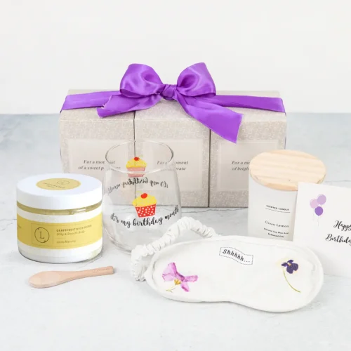 Lizush Trio Spa Gift Basket And Self Care Gifts For Women With Wine Glass, Candle, Grapefruit Body scrub, Eye Mask - Enjoy Every Moment - 4 Piece Set